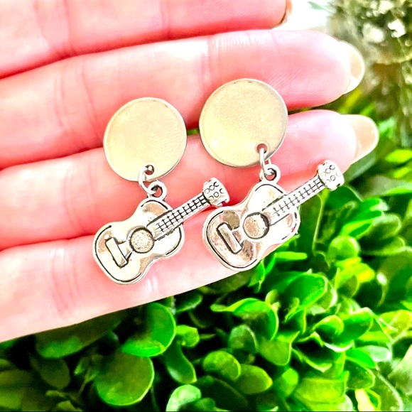 Silver Guitar Dangle Earrings - Picture 1 of 5
